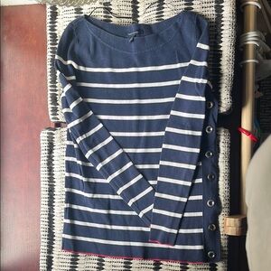 Tommy Navy and White Striped Button-Side Sweater - small